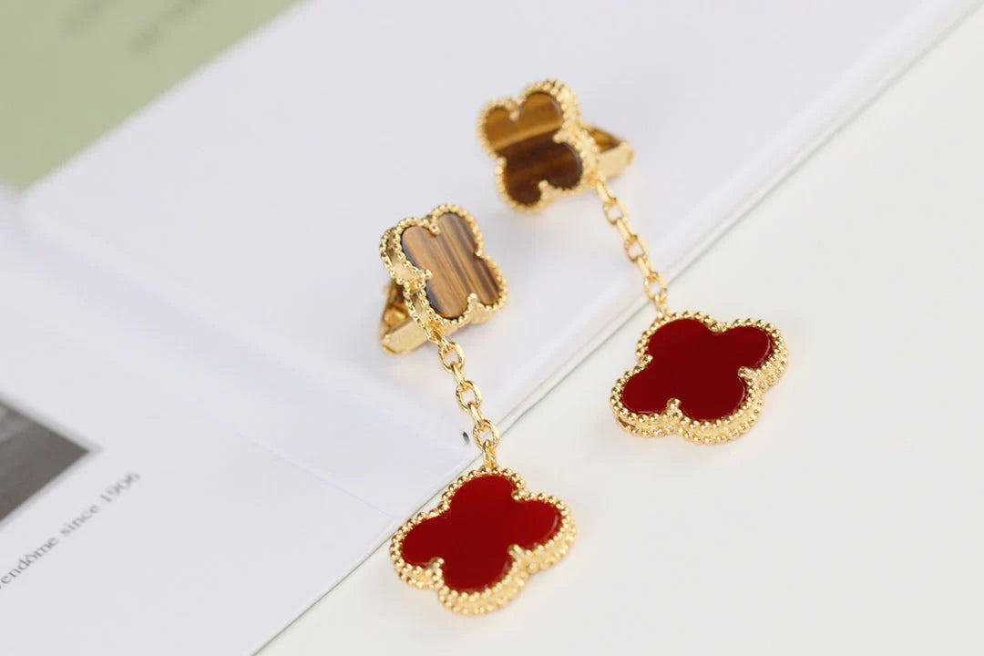 CLOVER EARRINGS GOLD TIGER EYE CARNELIAN 2 MOTIFS