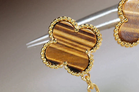 CLOVER EARRINGS GOLD TIGER EYE CARNELIAN 2 MOTIFS