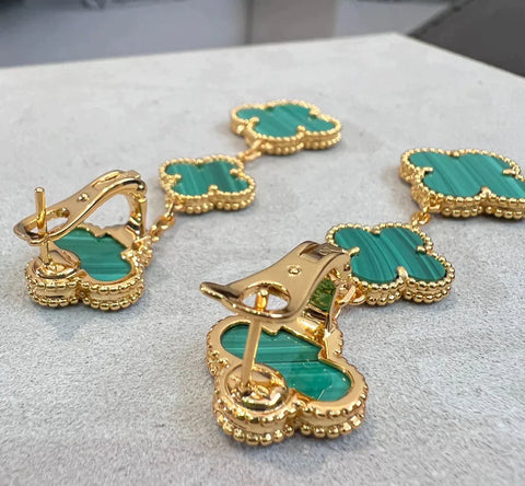 CLOVER MALACHITE 3 MOTIFS GOLD EARRINGS