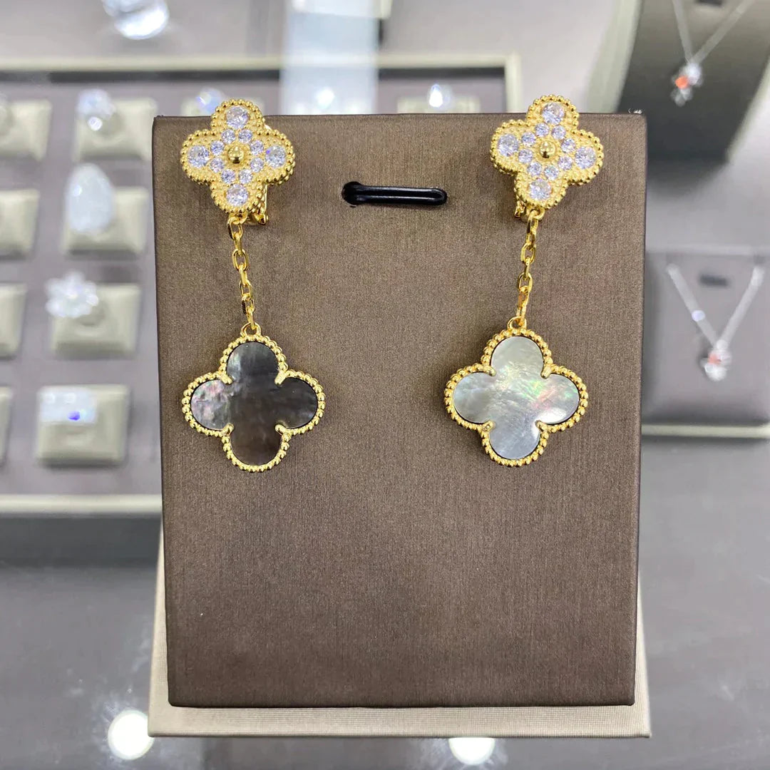 Clover 2 Motifs Diamond Gold Earrings