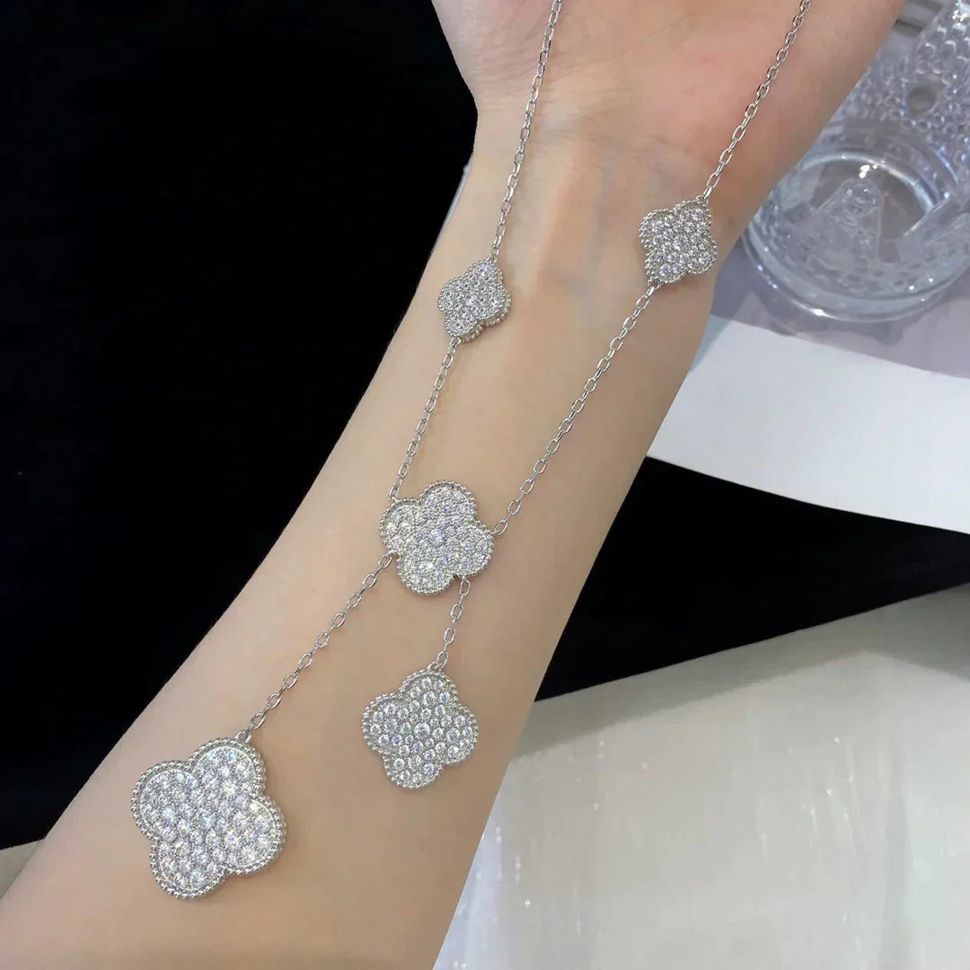 CLOVER 5 MOTIFS SILVER DIAMONDS NECKLACE