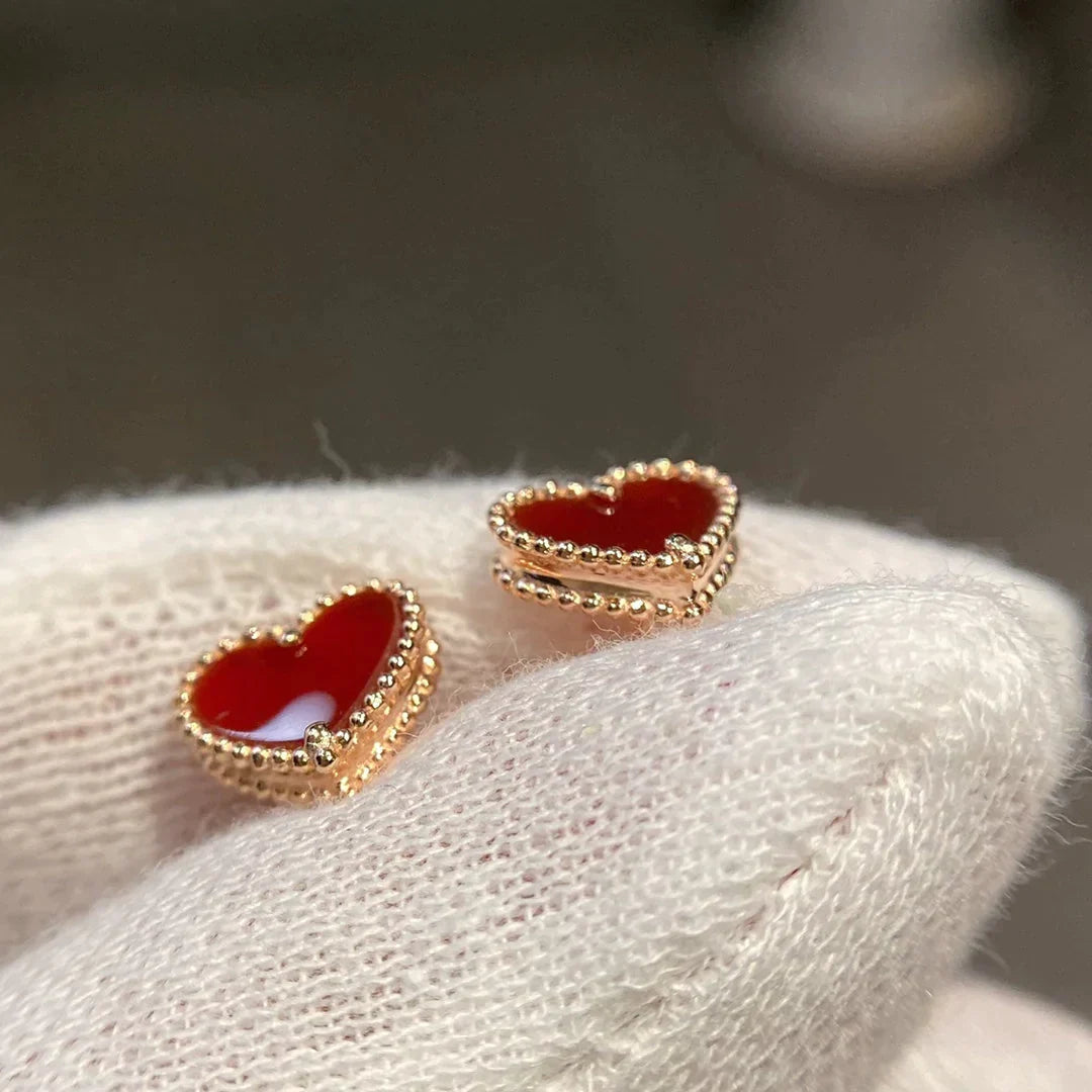 HEART CARNELIAN PINK GOLD STUD EARRINGS