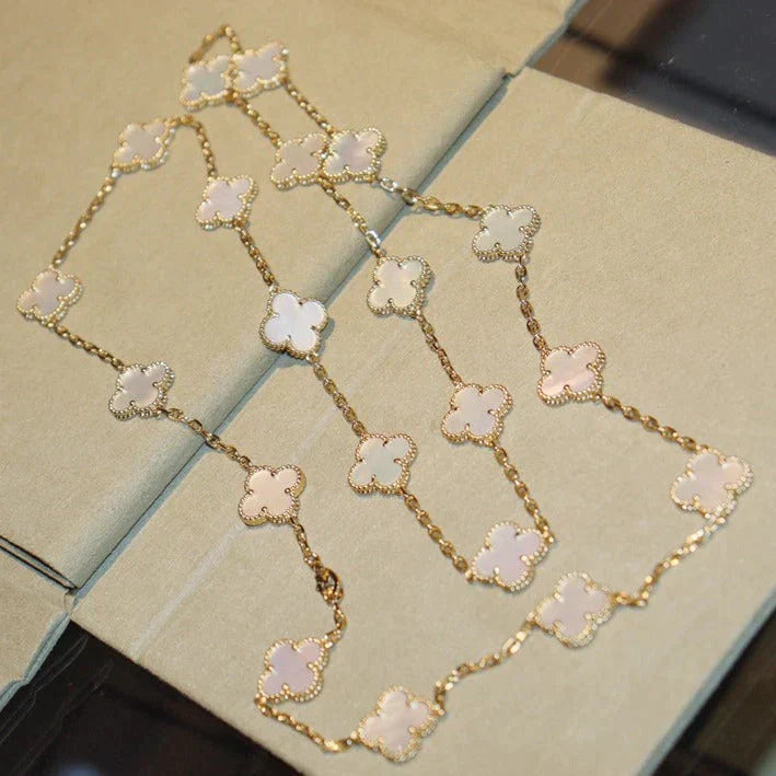 CLOVER 20 MOTIFS WHITE MOP GOLD NECKLACE