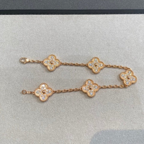 CLOVER 5 MOTIFS PINK GOLD DIAMOND BRACELET