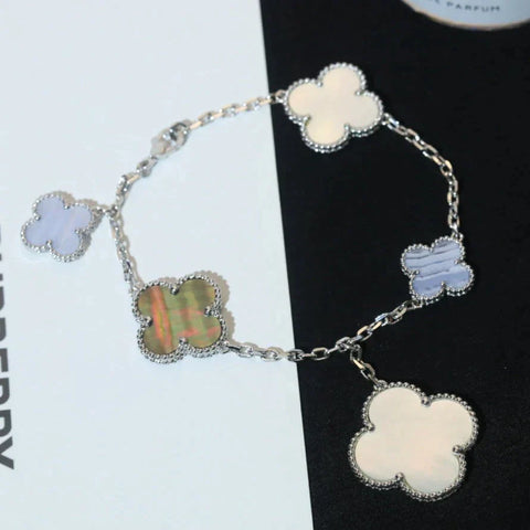 CLOVER BRACELET 5 MOTIFS MOP CHALCEDONY SILVER