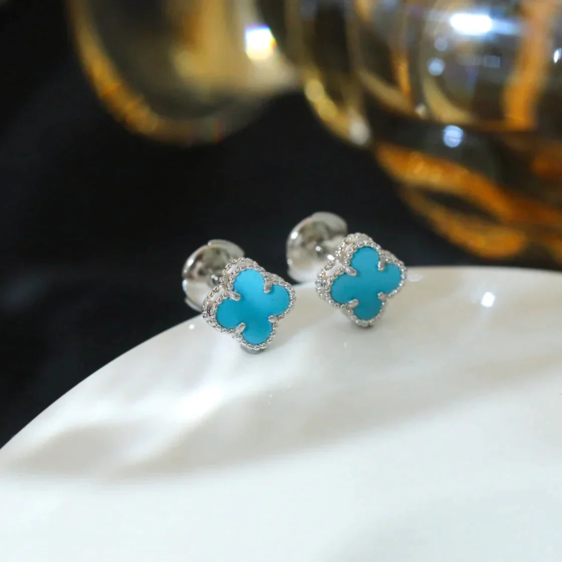 CLOVER MINI SILVER TURQUOISE STUD EARRINGS