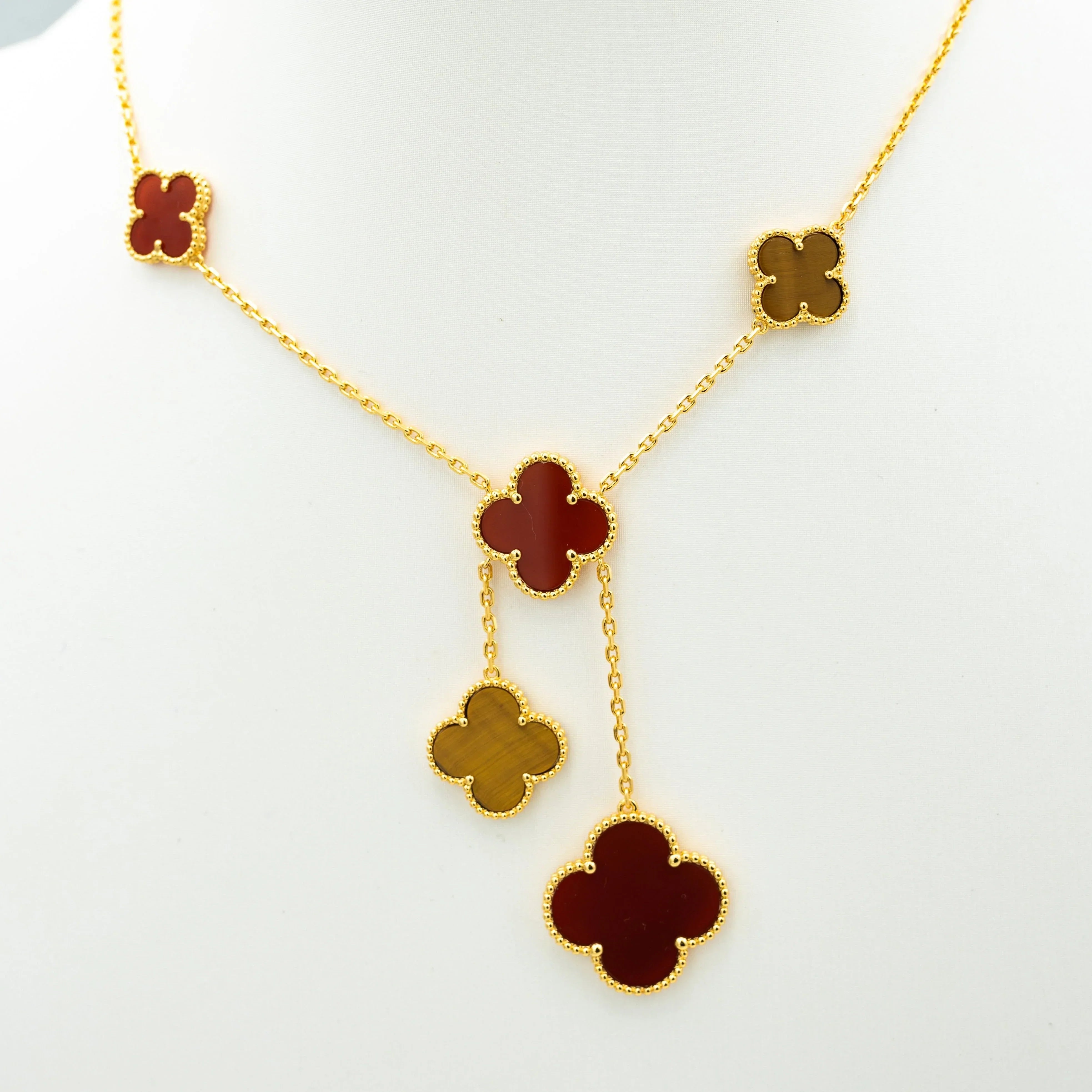 CLOVER TIGER EYE CARNELIAN NECKLACE 6 MOTIFS