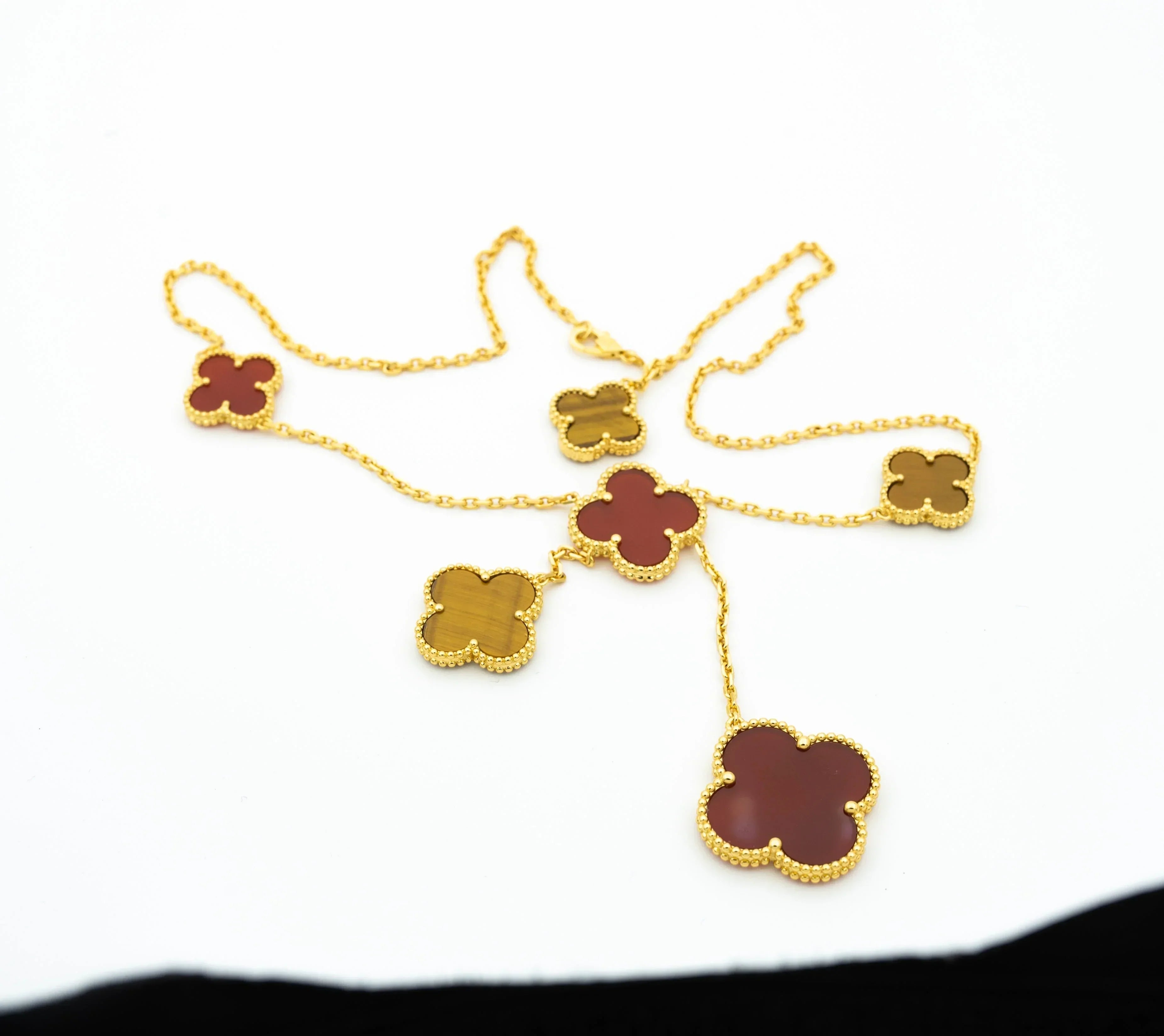 CLOVER TIGER EYE CARNELIAN NECKLACE 6 MOTIFS