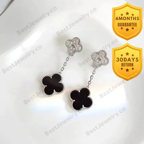 Clover 2 Motifs Silver Diamond Onyx Earrings