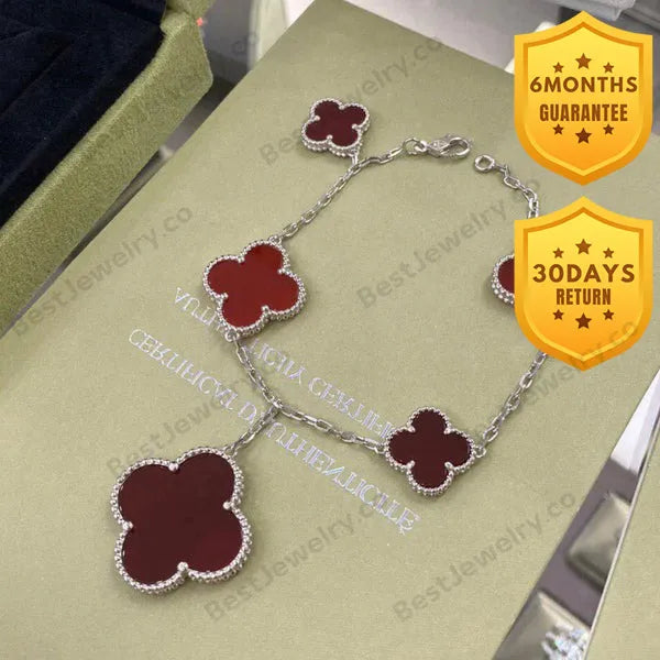 Clover 5 Motifs Silver Carnelian Bracelet