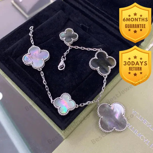 Clover 5 Motifs Silver Dark Mop Bracelet