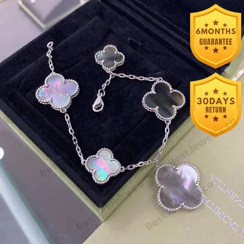 Clover 5 Motifs Silver Dark Mop Bracelet