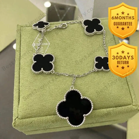 Clover 5 Motifs Silver Onyx Bracelet