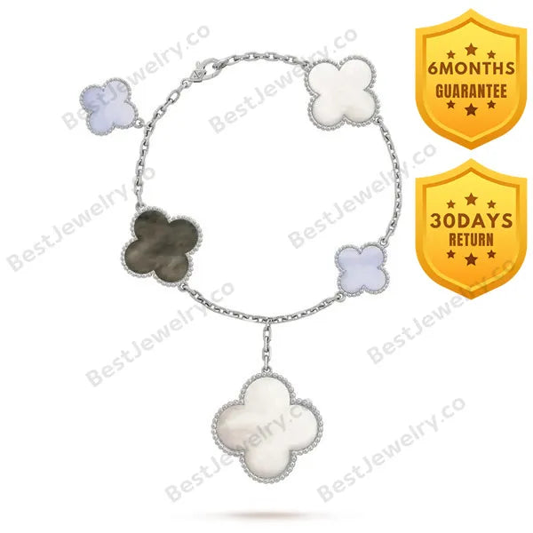 Clover 5 Motifs Silver White Mop Bracelet