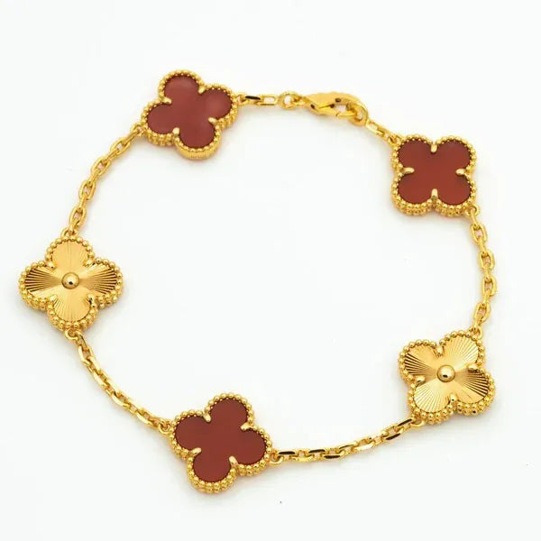 Clover Bracelet 5 Motifs Carnelian Gold