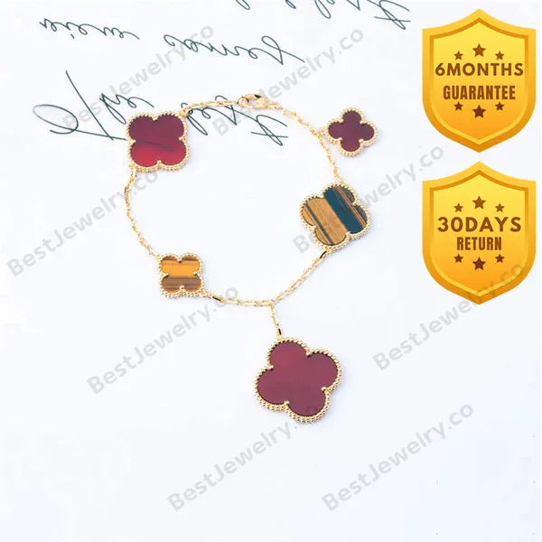 Clover Bracelet 5 Motifs Carnelian Tiger Eye