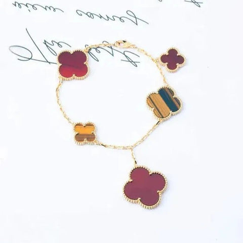 Clover Bracelet 5 Motifs Carnelian Tiger Eye