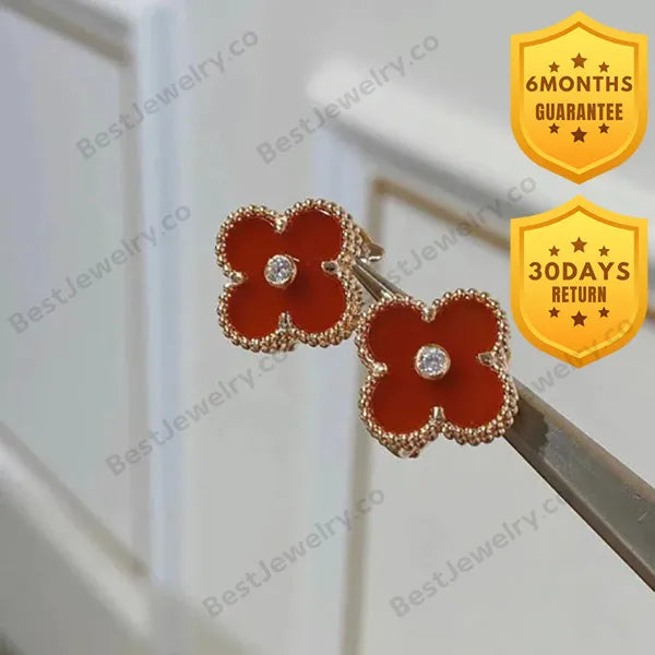 Clover Carnelian Pink Gold Diamond Earrings