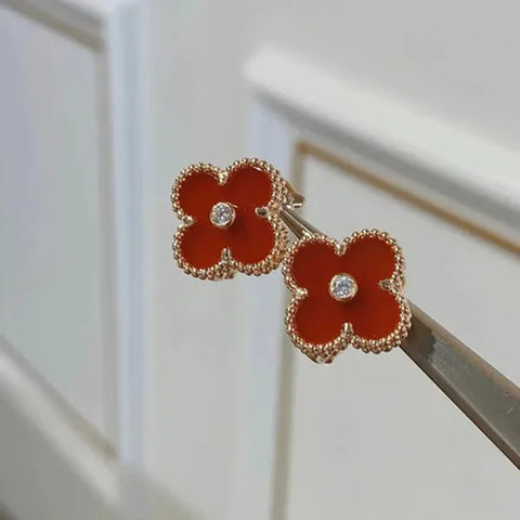 Clover Carnelian Pink Gold Diamond Earrings