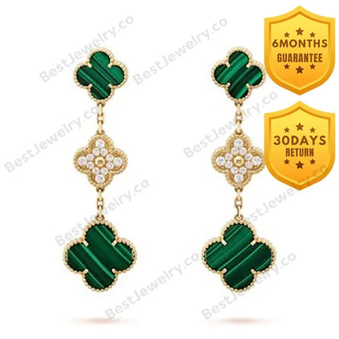 Clover Earrings Gold Malachite Diamond 3 Motifs