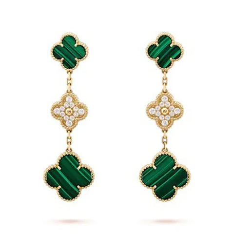 Clover Earrings Gold Malachite Diamond 3 Motifs