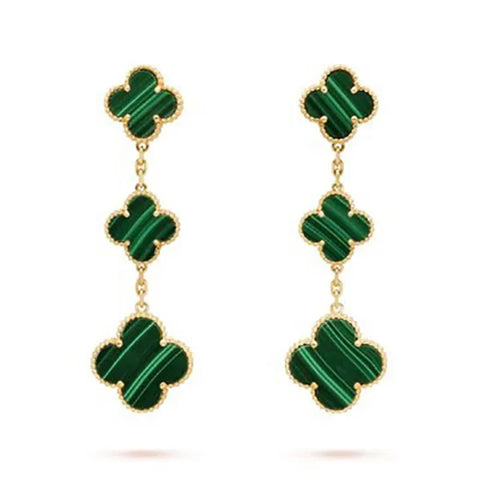 Clover Malachite 3 Motifs Gold Earrings