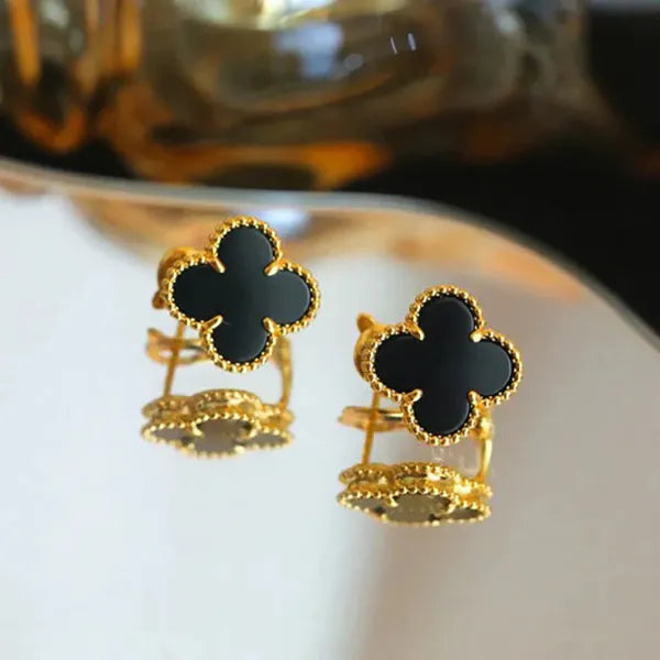 Clover Medium Gold Onyx Stud Earrings