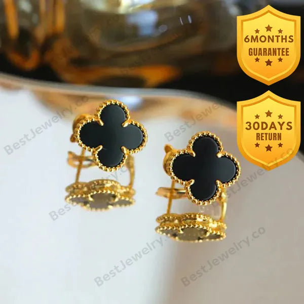 Clover Medium Gold Onyx Stud Earrings