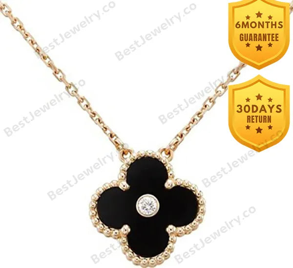 Clover Necklace Gold Diamond Onyx