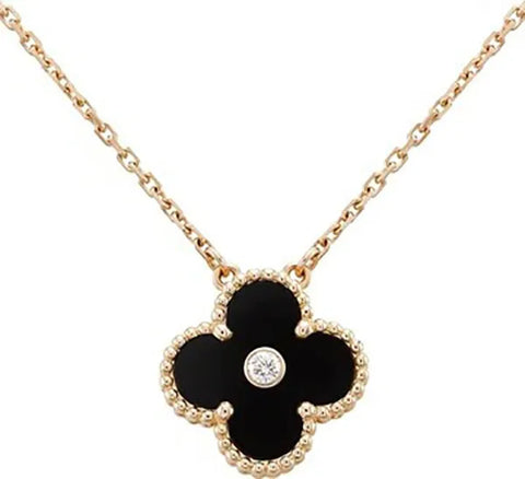 Clover Necklace Gold Diamond Onyx