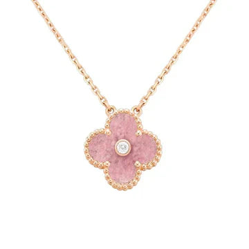 Clover Rhodonite 1 Diamond Pink Gold Necklace